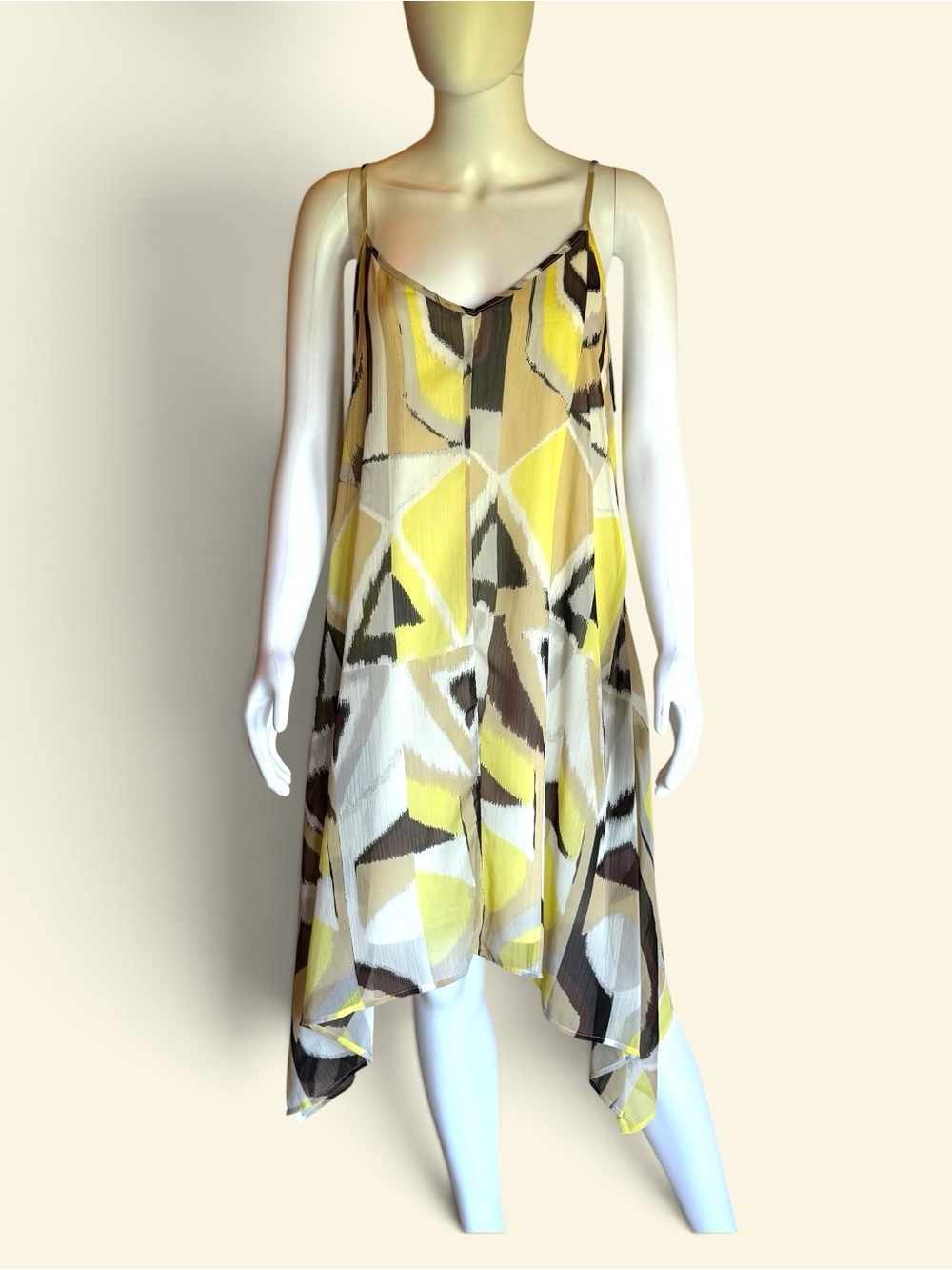 C Geometric Asymmetrical Slip Dress in Yellow, White & Brown